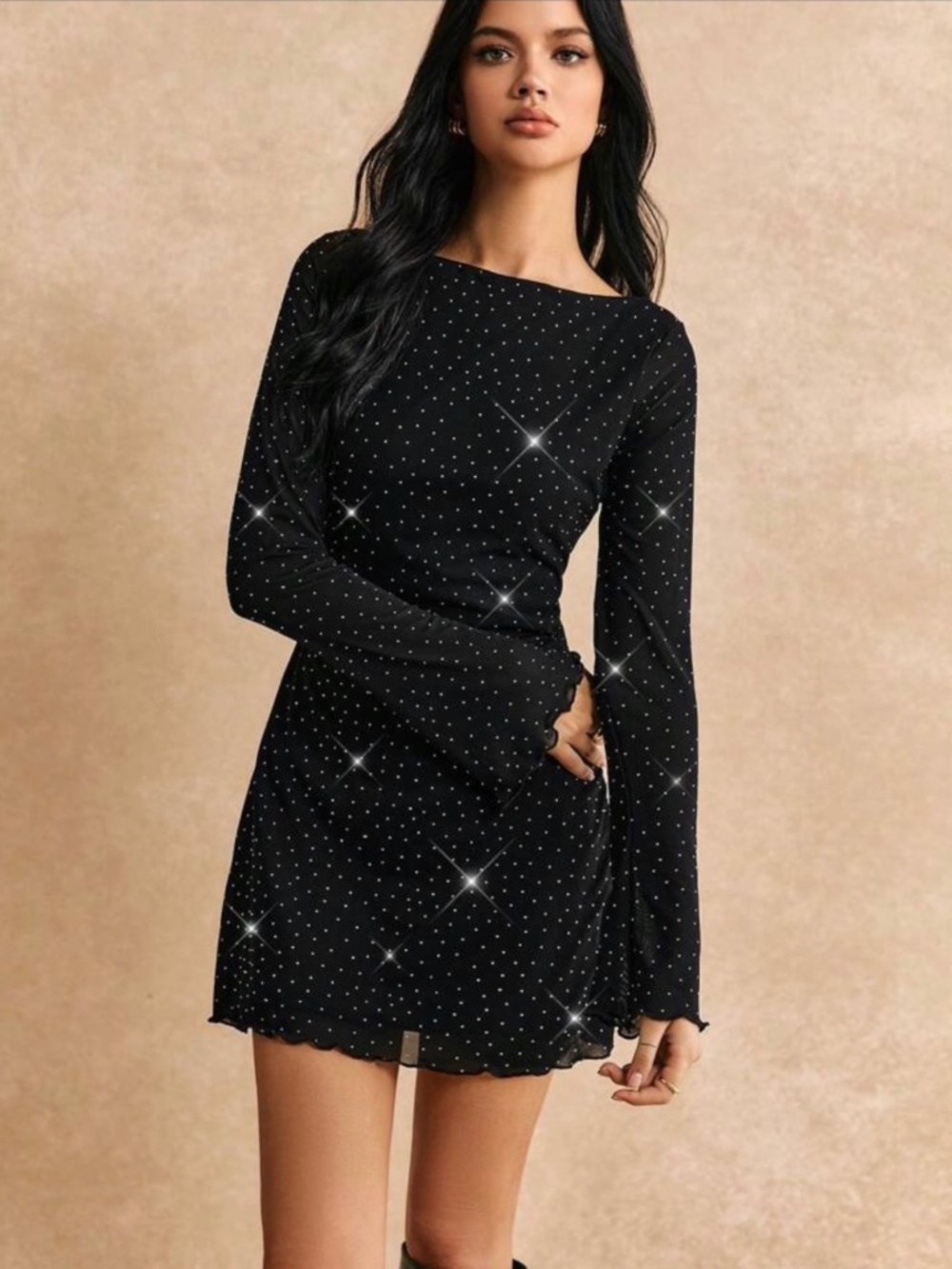 Black Mini Dress - Boatneck - Flared Sleeve - Ruffle Hem - Rhinestone - Size M